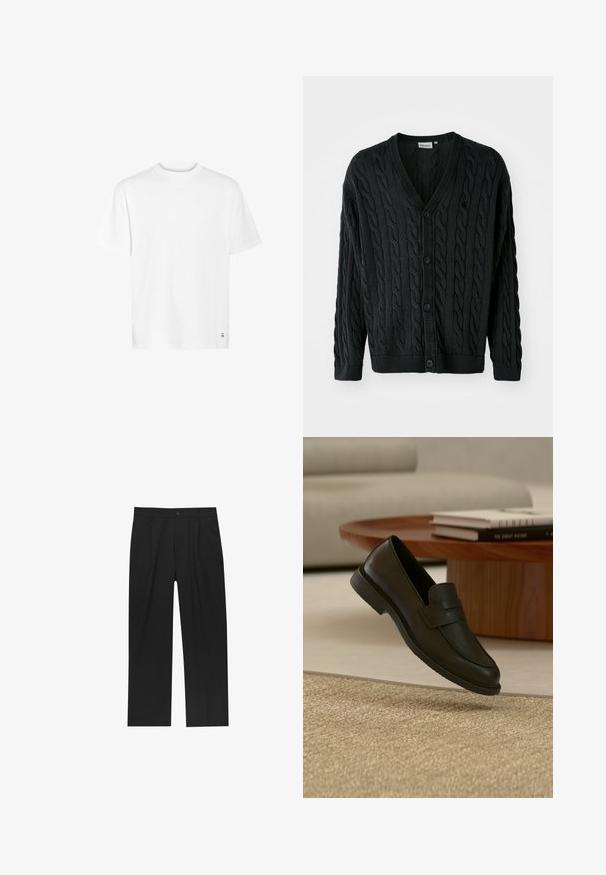 Schwarze Kabelstrick-Cardigan mit V-Ausschnitt, Knopfleiste, langen Ärmeln und gerippten Bündchen sowie Saum. Mit strukturiertem Muster über das gesamte Kleidungsstück.; Weißes Baumwoll-T-Shirt mit rundem Ausschnitt, kurzen Ärmeln und geradem Saum. Mit einem kleinen Logodetail in der unteren Ecke.; Schwarze Hose mit geradem Schnitt, aus einem glatten Stoff gefertigt. Verfügt über Vorderfalten und einen einzelnen Knopfverschluss an der Taille.; Schwarzer Lederloafer-Schuh schwebt über einem beige gewebten Teppich, mit einem Holztisch und gestapelten Büchern in einem sanft beleuchteten Wohnzimmer.
