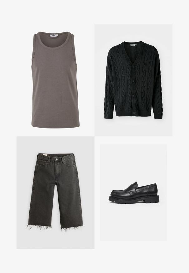 Sort kabelstrikket cardigan med V-hals, knapfront, lange ærmer og ribbede manchetter og kant. Har et tekstureret mønster over det hele.; Grå ribbet tank top med rund halsudskæring og brede ærmehuller. Lavet af strækbart stof, har den en almindelig pasform og et minimalistisk design.; Sorte jeans med rå kant og vid ben, lavet af denim, og med fem lommer samt metalknaplukning. Texturen er en smule grov.; Sort læderloafer med tyk rillede sål og penny-remdetalje, vist i højre sideprofil på hvid baggrund.