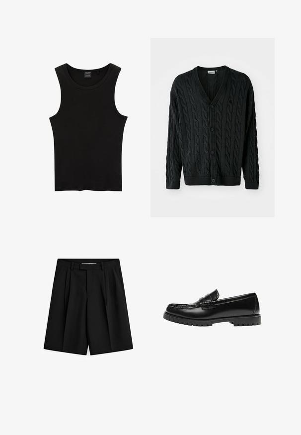 Zwarte kabelgebreide cardigan met een V-hals, knoopsluiting aan de voorkant, lange mouwen en geribbelde manchetten en zoom. Heeft een textuurpatroon over het geheel.; Zwarte geribbelde tanktop met een ronde halslijn en wijde armsgaten, gemaakt van een zachte, rekbare stof. Label: Pull&Bear.; Zwarte geplooide shorts met een op maat gemaakt ontwerp, voorzien van zijzakken en een tailleband voor een stevige pasvorm. Glad stof met een frisse textuur.; Zwarte leren loafer met een dikke rubberen zool en klassieke penny-strap details, gezien vanaf de buitenkant.