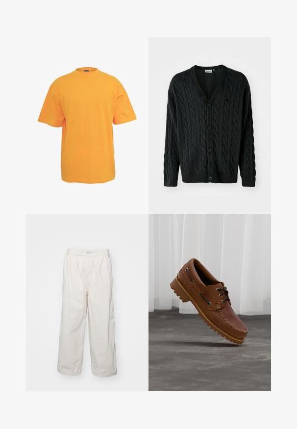 Sort kabelstrikket cardigan med V-hals, knapfront, lange ærmer og ribbede manchetter og kant. Har et tekstureret mønster over det hele.; Orange bomulds t-shirt med rund halsudskæring, korte ærmer og en afslappet pasform. Ingen mønstre eller detaljer. Glat tekstur.; Hvide bomulds bukser med brede ben og elastisk talje, med en frontknaplukning og sidelommer. Glat tekstur og minimalistisk design.; Brun læder bådsko med sorte snørebånd, beige syninger og en robust sål, hængende over en grå betongulv.