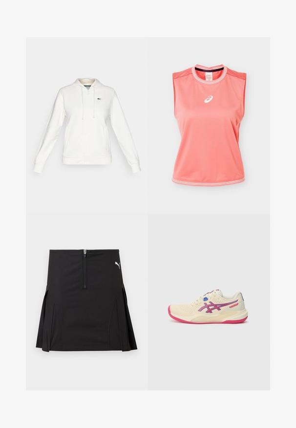 Hvid zip-up hættetrøje med forlommer, snoretræk i huen og et lille grønt krokodillelogo på venstre bryst.; Ærmeløs atletisk tanktop i koralpink med hvide kanter på krave og kant, med hvidt Asics-logo centreret på brystet.; Sort atletisk nederdel med lynlås foran og plisserede sider, med en hvid Puma-logo på øverste højre side.; Cremefarvet sportsko med en lyserød sål, blå og lilla accenter, perforeret overdel og design med rund tå.