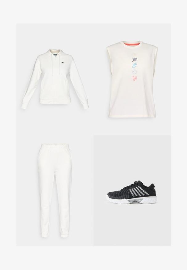 Biely mikina na zips s prednými vreckami, kapucňou so šnúrkou a malým zeleným krokodílím logom na ľavej hrudi.; Svetlý krémový bavlnený tielko bez rukávov s okrúhlym výstrihom, zdobené farebnými vyšívanými ikonkami: mušľa, tenisová raketa, špirála, loptu, kohút.; Biele zúžené tepláky s elastickým pásom a manžetami, s bočnými vreckami, vystavené na jednoduchom pozadí.; Čierna športová obuv s bielou podrážkou, diagonálnymi bielymi pruhmi na boku, textúrovanou špičkou a zaväzovaním na šnúrky na sivom pozadí.