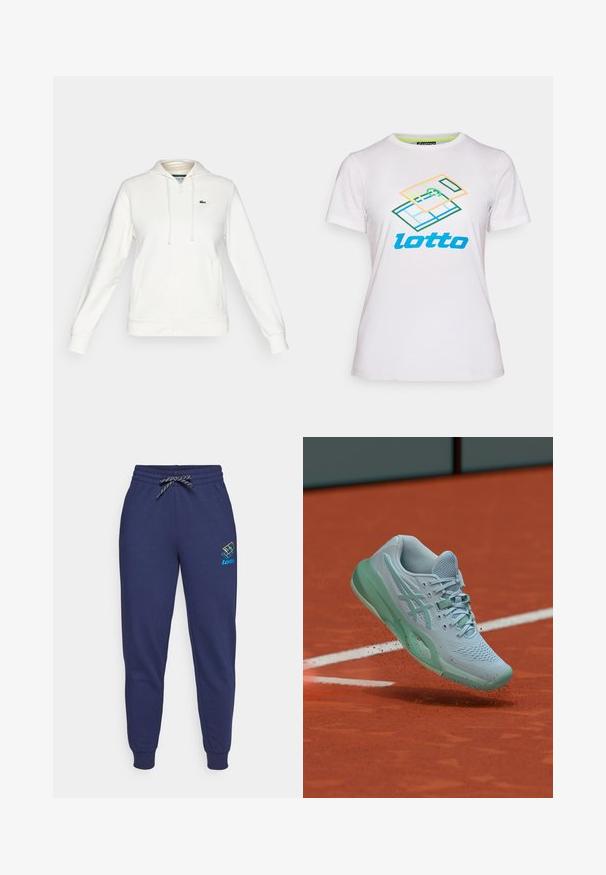 Hvid zip-up hættetrøje med forlommer, snoretræk i huen og et lille grønt krokodillelogo på venstre bryst.; Hvid kortærmet t-shirt lavet af bomuld, med et farverigt geometrisk grafisk design og "lotto" logo i blåt på forsiden.; Mørkeblå sweatpants med snor i taljen og ankelsyninger. Har et Lotto-logo i livlige farver på venstre lår. Lavet af blødt stof.; Lyseblåt tennissko sparker op lerstøv på en orange tennisbane tæt ved en hvid afgrænsningslinje.