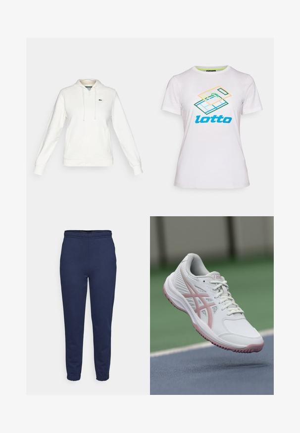 Biely mikina na zips s prednými vreckami, kapucňou so šnúrkou a malým zeleným krokodílím logom na ľavej hrudi.; Biela krátky rukáv tričko vyrobené z bavlny, s farebnou geometrickou grafikou a modrým logom "lotto" na prednej strane.; Námornícky modré tepláky s elastickým pásom a manžetami na členkoch, predný pohľad, vyrobené z mäkkej tkaniny na bežné nosenie.; Biele športové topánky s ružovými akcentmi, syntetický materiál, zaoblený špička, sieťovinové bočné panely a texturovaná podrážka. Viditeľné šnurovanie v prednej časti a značka ASICS.