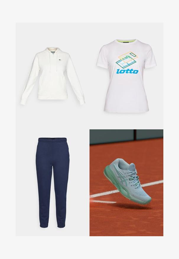Biely mikina na zips s prednými vreckami, kapucňou so šnúrkou a malým zeleným krokodílím logom na ľavej hrudi.; Biela krátky rukáv tričko vyrobené z bavlny, s farebnou geometrickou grafikou a modrým logom "lotto" na prednej strane.; Námornícky modré tepláky s elastickým pásom a manžetami na členkoch, predný pohľad, vyrobené z mäkkej tkaniny na bežné nosenie.; Svetlomodrá tenisová obuv víri prach z hliny na oranžovom tenisovom kurte blízko bielej ohraničujúcej čiary.