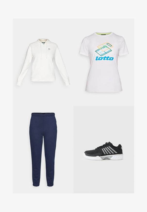 Biely mikina na zips s prednými vreckami, kapucňou so šnúrkou a malým zeleným krokodílím logom na ľavej hrudi.; Biela krátky rukáv tričko vyrobené z bavlny, s farebnou geometrickou grafikou a modrým logom "lotto" na prednej strane.; Námornícky modré tepláky s elastickým pásom a manžetami na členkoch, predný pohľad, vyrobené z mäkkej tkaniny na bežné nosenie.; Čierna športová obuv s bielou podrážkou, diagonálnymi bielymi pruhmi na boku, textúrovanou špičkou a zaväzovaním na šnúrky na sivom pozadí.