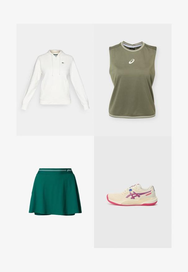 Hvid zip-up hættetrøje med forlommer, snoretræk i huen og et lille grønt krokodillelogo på venstre bryst.; Ærmeløs olivengrøn sports-top med hvidt Asics-logo centreret på brystet, hvidstribet rund halsudskæring og kant.; Grøn atletisk skort med indbygget shorts, elastisk talje med hvide striber og Asics-logo på højre side.; Cremefarvet sportsko med en lyserød sål, blå og lilla accenter, perforeret overdel og design med rund tå.