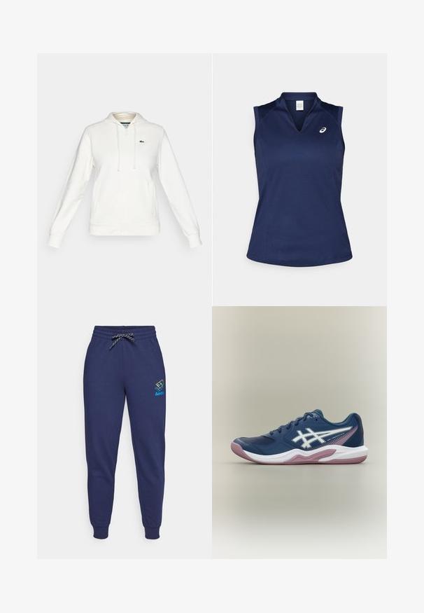Sudadera blanca con cremallera, bolsillos frontales, capucha con cordón y un pequeño logo de cocodrilo verde en el lado izquierdo del pecho.; Top deportivo sin mangas en color navy con cuello en V, hecho de una tela suave y que absorbe la humedad; cuenta con costuras planas y un pequeño logo en el lado izquierdo del pecho.; Pantalones de chándal azul marino con cintura ajustable y puños en los tobillos. Presenta un logo de Lotto en colores vibrantes en el muslo izquierdo. Hechos de una tela suave.; Zapatilla deportiva azul marino con suela blanca y rosa, logo blanco en el lateral, diseño con cordones y detalles de malla en la puntera y laterales.