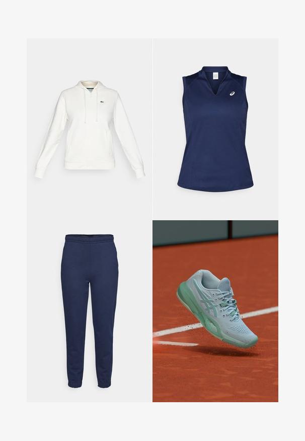 Biely mikina na zips s prednými vreckami, kapucňou so šnúrkou a malým zeleným krokodílím logom na ľavej hrudi.; Námornícky modrá bezrukávová športová košeľa s výstrihom do V, vyrobená z hladkej, vlhkosť odvádzajúcej látky; má ploché švy a malé logo na ľavej hrudi.; Námornícky modré tepláky s elastickým pásom a manžetami na členkoch, predný pohľad, vyrobené z mäkkej tkaniny na bežné nosenie.; Svetlomodrá tenisová obuv víri prach z hliny na oranžovom tenisovom kurte blízko bielej ohraničujúcej čiary.