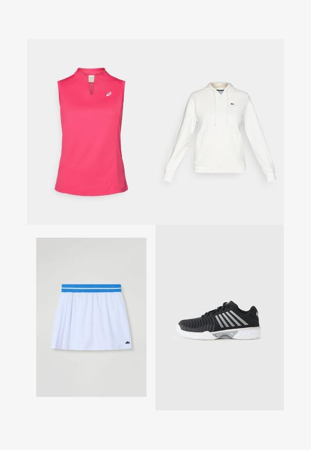 Witte hoodie met ritssluiting, voorzakken, een capuchon met trekkoord en een klein groen krokodillenlogo op de linkerkant van de borst.; ASICS COURT TANK - Top - bright rose; Witte geplooide rok met blauwe elastische tailleband en twee witte strepen, met een klein zwart logo nabij de onderzoom.; Zwarte sportschoen met witte gripzool, diagonale witte strepen aan de zijkant, een gestructureerde neuskap en vetersluiting, op een grijze achtergrond.