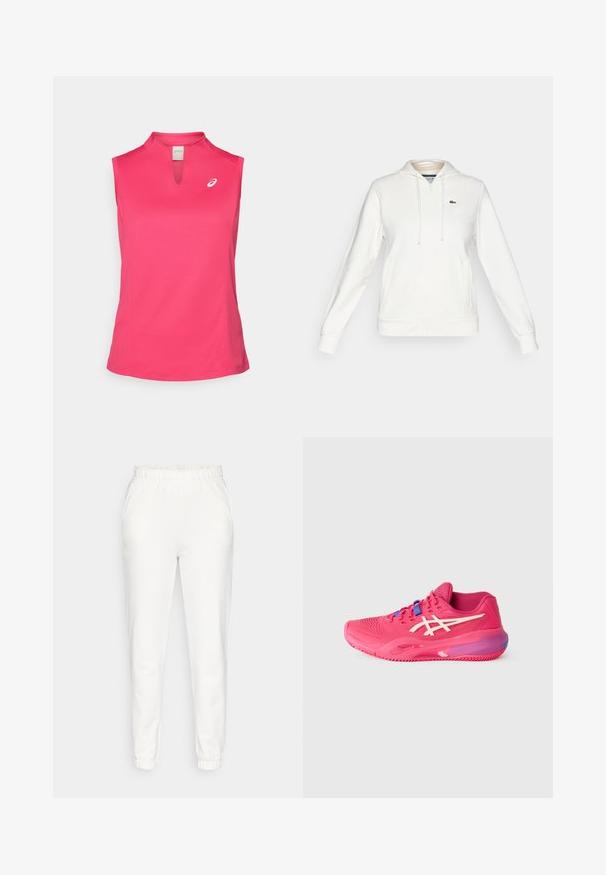 Weißer Reißverschluss-Hoodie mit Fronttaschen, Kapuze mit Kordelzug und einem kleinen grünen Krokodil-Logo auf der linken Brust.; ASICS COURT TANK - Top - bright rose; Weiße, schmal zulaufende Sweatpants mit elastischem Bund und Bündchen, ausgestattet mit seitlichen Taschen, vor einem schlichten Hintergrund präsentiert.; Helles pinkes Sportshoe mit einem Mesh-Obermaterial, weißen Akzenten und einer strukturierten Sohle. Verfügt über blaue Schnürsenkel und eine glatte, gepolsterte Zwischensohle.