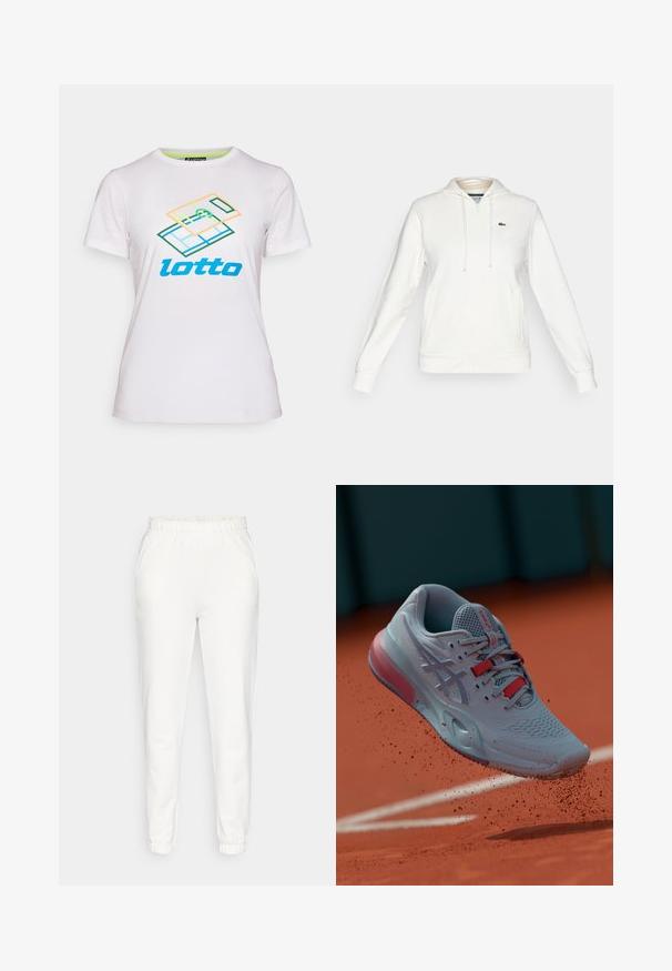 Witte hoodie met ritssluiting, voorzakken, een capuchon met trekkoord en een klein groen krokodillenlogo op de linkerkant van de borst.; Witte korte mouwen t-shirt van katoen, met een kleurraf geometrische grafiek en het "lotto" logo in het blauw over de voorkant.; Witte taps toelopende sweatpants met een elastische tailleband en cuffs, met zijzakken, weergegeven op een effen achtergrond.; Lichtblauwe tennisschoen met een gestructureerd bovenwerk, rode accenten en een halftransparante zool, zwevend boven een gravelbaan.