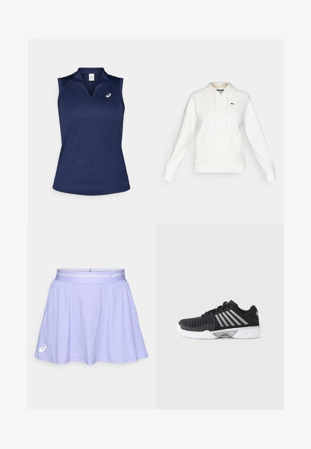 Biely mikina na zips s prednými vreckami, kapucňou so šnúrkou a malým zeleným krokodílím logom na ľavej hrudi.; Námornícky modrá bezrukávová športová košeľa s výstrihom do V, vyrobená z hladkej, vlhkosť odvádzajúcej látky; má ploché švy a malé logo na ľavej hrudi.; Svetlofialová športová sukňa vyrobená z elastického materiálu. Má široký pás s bielym akcentom a logo v dolnom ľavom rohu.; Čierna športová obuv s bielou podrážkou, diagonálnymi bielymi pruhmi na boku, textúrovanou špičkou a zaväzovaním na šnúrky na sivom pozadí.