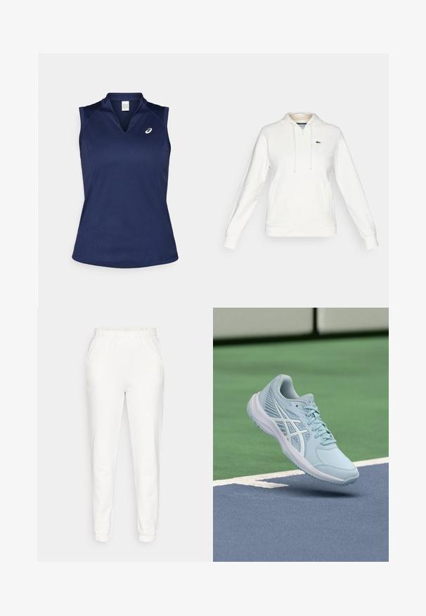 Biely mikina na zips s prednými vreckami, kapucňou so šnúrkou a malým zeleným krokodílím logom na ľavej hrudi.; Námornícky modrá bezrukávová športová košeľa s výstrihom do V, vyrobená z hladkej, vlhkosť odvádzajúcej látky; má ploché švy a malé logo na ľavej hrudi.; Biele zúžené tepláky s elastickým pásom a manžetami, s bočnými vreckami, vystavené na jednoduchom pozadí.; Svetlomodrá športová obuv s priedušným sieťovinovým zvrškom, textúrovanými detailmi a odpruženou podrážkou, ktorá sa vznáša nad modrým povrchom kurtu.