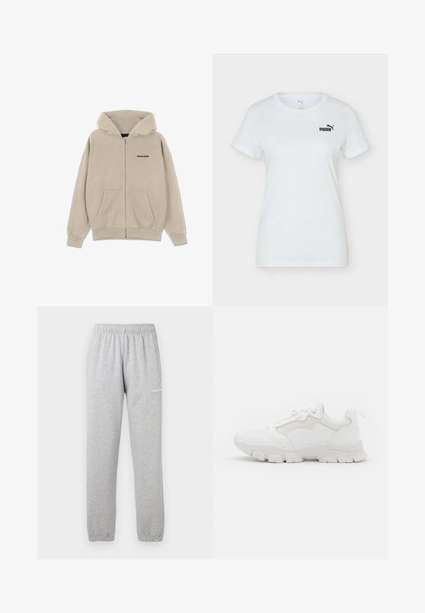 Bež kapuutsiga jakker, mis on valmistatud pehmest kangast, millel on ees lukk, kaks külgtaskut ja must "PEGADOR" logo rinnal.; Valge lühikeste varrukatega Puma T-särk ümara kaelusega ja väike must Puma logo vasakul rinna piirkonnas.; Hallid hallid dressipüksid pehmest kangast, millel on elastne vöökoht, kinnised pahkluud ja küljetasku. Logo on trükitud vasakule reiele.; NA-KD CONTRAST SOLE TREKKING - Tossud - white