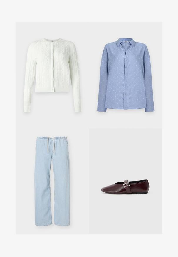 Cardigan en tricot torsadé vert clair, avec un col rond, des manches longues et six boutons sur le devant. Texture douce, longueur courte.; Chemise bleu clair à manches longues avec boutons, à pois blancs et col pointu, présentée sur un fond clair uni.; Pantalon ample à rayures verticales bleu clair et blanc, taille élastique avec cordon blanc sur fond uni.; Ballerines en cuir bordeaux avec un bout pointu, une semelle plate et une sangle décorative avec boucle sur le cou-de-pied. Texture lisse et brillante.