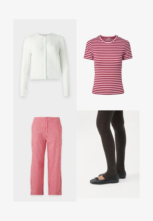 Cardigan en tricot torsadé vert clair, avec un col rond, des manches longues et six boutons sur le devant. Texture douce, longueur courte.; T-shirt à manches courtes en maille côtelée avec des rayures horizontales rouges et roses et un col rond.; Pantalon droit à carreaux vichy rouge et blanc, pleine longueur, vu de face sur fond uni clair. Pas de poches ni de boutons visibles.; Jambes portant des leggings côtelés foncés associés à des ballerines noires avec de petits détails en nœud sur fond blanc.