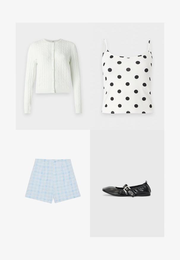 Lichtgroene kabelgebreide cardigan met een ronde hals, lange mouwen en zes knopen aan de voorkant. Zachte textuur, cropped lengte.; Witte spaghettibandjes crop top met gelijkmatig verdeelde zwarte polkadots.; Lichtblauwe geruite shorts van textuurstof, met een losse pasvorm en plooien voor extra detail.; Zwarte leren platte schoen met een spitse neus, geplooide details rond de opening en een zilveren gespaccentueerde verstelbare band.
