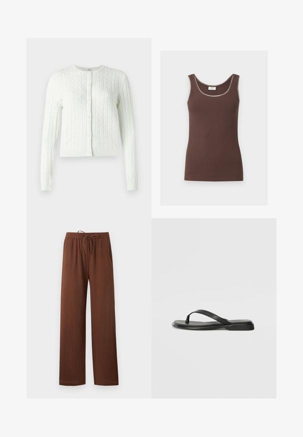 Cardigan en tricot torsadé vert clair, avec un col rond, des manches longues et six boutons sur le devant. Texture douce, longueur courte.; Débardeur marron côtelé sans manches avec encolure dégagée et bordure claire sur les bords, présenté à plat sur fond blanc.; Pantalon marron texturé coupe ample avec une taille élastique et un cordon ajustable, jambes droites et poches latérales.; Tongs noires en cuir lisse, avec un design de sangle fine et une semelle plate à profil minimal. Aucun motif ou accent notables.