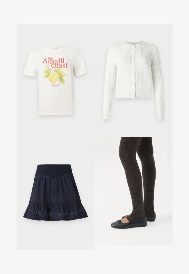 Cardigan en tricot torsadé vert clair, avec un col rond, des manches longues et six boutons sur le devant. Texture douce, longueur courte.; T-shirt blanc à manches courtes avec le texte "the Amalfi coast" et un graphisme de fruit de citron et de feuilles vertes sur le devant.; Jupe bleu marine longueur genou avec taille smockée élastique, motif discret à pois et ourlet volanté.; Jambes portant des leggings côtelés foncés associés à des ballerines noires avec de petits détails en nœud sur fond blanc.