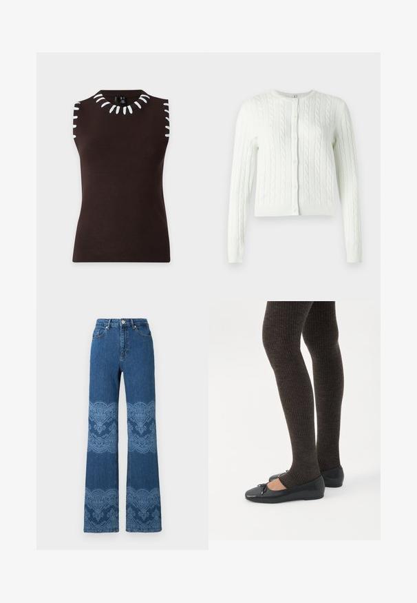 Cardigan en tricot torsadé vert clair, avec un col rond, des manches longues et six boutons sur le devant. Texture douce, longueur courte.; Haut tricoté sans manches marron foncé avec des détails blancs semblables à des coutures autour des ouvertures sur les bras et l'encolure, posé à plat sur un fond clair.; Jeans bleus taille haute à jambes droites avec motifs floraux bleu clair et motifs en dentelle sur les cuisses et les mollets, boutons à l'avant et poches.; Jambes portant des leggings côtelés foncés associés à des ballerines noires avec de petits détails en nœud sur fond blanc.