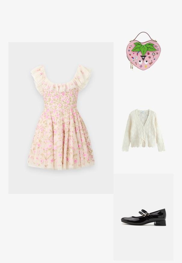 Strik cardigan i cremefarve med lange ærmer, bølgede kanter, knapper foran og snøre i taljen.; Blomstret broderet kjole i creme, med flæser på ærmerne, lyserøde blomster og en flagrende nederdel. Fremstillet af et letvægtsstof.; Sorte patenterede læder Mary Jane sko har en rund tå, to justerbare spænder, og en lav blokhæl. Glat tekstur, minimalistisk design.; Håndtaske formet som et hjerte i pink med grønne blade på toppen og forskellige farverige tegneserie-patches inklusive øjne, en mariehøne og emojis.