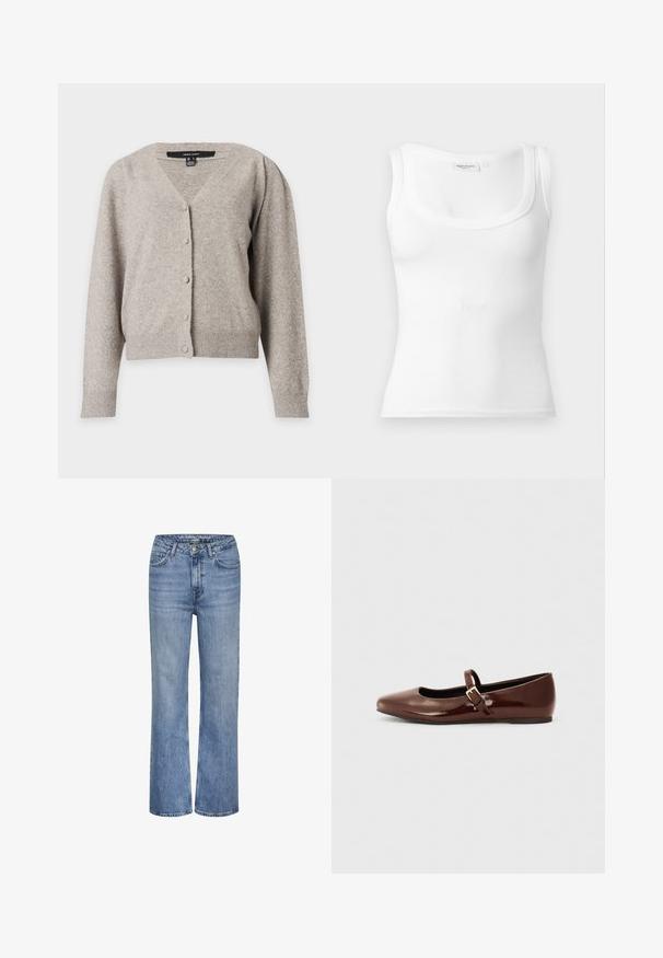Lichtgrijze wollen cardigan met knopen, lange mouwen, geribde boorden en zoom en een V-hals.; Witte geribbelde gebreide mouwloze tanktop met brede vierkante halslijn en aangesloten silhouet, weergegeven op effen achtergrond.; Blauwe high-waisted straight-leg denim jeans met een knoop sluiting aan de voorkant, ritssluiting en vijf-pocket ontwerp.; Bruine gepatineerde leren balletschoen met een vierkante neus en een bandje met een kleine gouden gesp. Gladde textuur, lage hak en minimalistisch ontwerp.