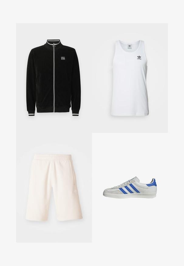 Schwarze Cordjacke mit Reißverschluss, weiß gestreiftem Kragen und Bündchen, silbernem Ringreißverschluss und "OPEN ERA"-Logo auf der Brust.; Weißes geripptes Tanktop mit Rundhalsausschnitt, schwarzem Adidas-Logo auf der linken Brust und ohne Ärmel. Weiches Baumwollmaterial, lässige Passform.; Cremfarbene Baumwollshorts mit einem elastischen Bund, seitlichen Taschen und einem dezenten Logo am linken Bein. Glatte Textur und knielanges Design.; Weiße Sneaker mit blauen und grauen Akzenten, ausgestattet mit drei markanten Streifen, Schnürung vorne und einer strukturierten Sohle.