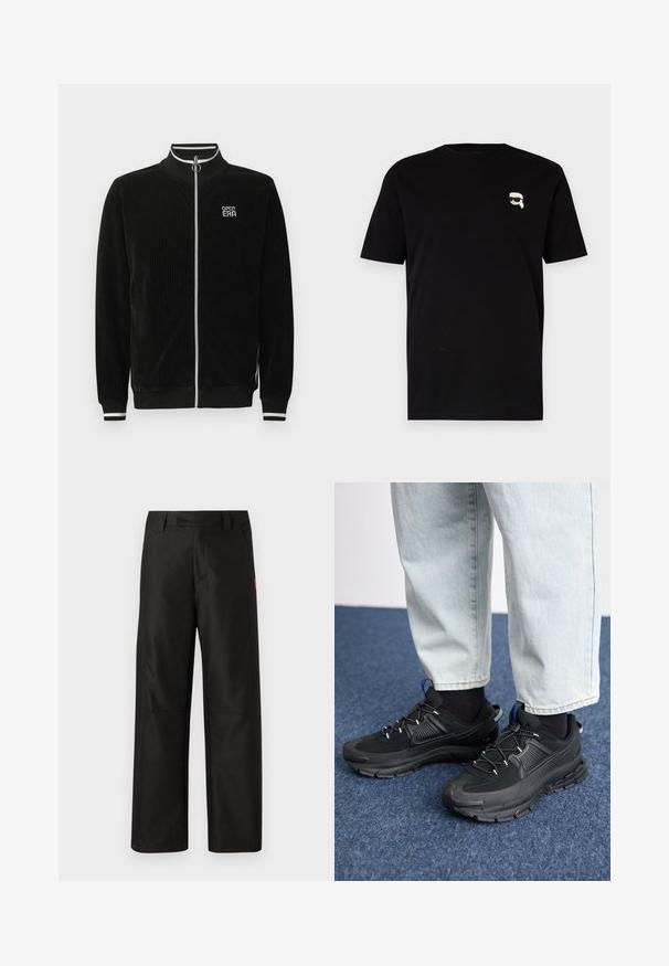 Chaqueta negra de pana con cremallera, cuello y puños con rayas blancas, cremallera con aro plateado y logo "OPEN ERA" en el pecho.; Camiseta de algodón negra de manga corta con un pequeño gráfico blanco de un personaje con gafas en el pecho izquierdo. Diseño clásico de cuello redondo.; Pantalones anchos negros, confeccionados en una tela suave, con un frente plano, lazos para cinturón y dos bolsillos laterales. Acento del logo de la marca en rojo en un lado.; Zapatillas deportivas negras con tejido texturizado y suelas de goma, con cordones elásticos y un acento azul en el talón. Combinadas con pantalones de mezclilla claros.