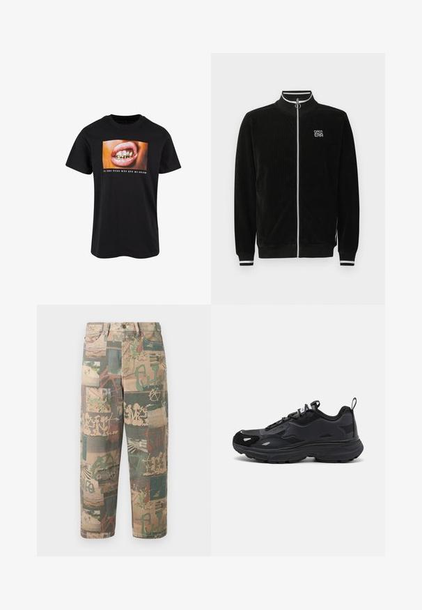 Zwarte corduroy jas met ritssluiting, witte gestreepte kraag en manchetten, een zilveren ringrits en het "OPEN ERA" logo op de borst.; Zwarte katoenen T-shirt met een afbeelding van een open mond met gouden tanden en roze lippen, met witte tekst eronder op een kleurrijke achtergrond.; Casual rechte broek met gemengde natuur-, graffiti- en abstracte print in gedempte groene, beige en bruine tinten op een lichte achtergrond.; Zwarte hardloopschoen met een gestructureerde bovenkant, gladde synthetische accenten, dikke zool en reflecterende details. Bevat een vetersluiting en een trekband.