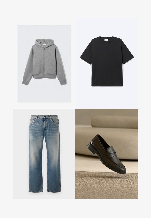 Hellgrauer Kapuzenpullover mit durchgehendem Reißverschluss, Fronttaschen und Kapuze, flach auf einem schlichten hellen Hintergrund liegend.; Schwarzes T-Shirt mit kurzen Ärmeln und Rundhalsausschnitt in lockerer Passform, Vorderansicht, schlichtes Design und sichtbares Weekday-Label im Krageninneren.; Blaue Denim-Jeans mit lockerer Passform und geradem Bein. Verfügt über hellere Waschdetails und ein klassisches Fünf-Taschen-Design mit gestickten Akzenten.; Schwarzer Lederloafer, der auf einem beigen Teppich liegt, mit einem gebogenen beigen Sofa im Hintergrund.