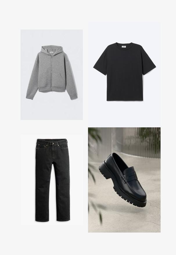 Hellgrauer Kapuzenpullover mit durchgehendem Reißverschluss, Fronttaschen und Kapuze, flach auf einem schlichten hellen Hintergrund liegend.; Schwarzes T-Shirt mit kurzen Ärmeln und Rundhalsausschnitt in lockerer Passform, Vorderansicht, schlichtes Design und sichtbares Weekday-Label im Krageninneren.; Schwarze Jeans im geraden Schnitt mit fünf Taschen, Gürtelschlaufen und einem Knopfverschluss an der Taille, flach auf einem weißen Hintergrund ausgelegt.; Schwarze Lederloafer mit einer robusten profilierten Sohle, ausgestattet mit einem dekorativen Riemen und einer Stichdetail. Glatte Textur mit einem polierten Finish.