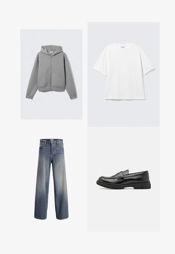 Hellgrauer Kapuzenpullover mit durchgehendem Reißverschluss, Fronttaschen und Kapuze, flach auf einem schlichten hellen Hintergrund liegend.; Weißes oversized T-Shirt mit kurzen Ärmeln und Rundhalsausschnitt mit eingesetzten Schultern, flach auf hellgrauem Hintergrund.; Helle blaue Schlagjeans aus Denim. Sie verfügen über eine hohe Taille, einen Knopfverschluss und subtile Ausbleichungen mit einer glatten Textur und genähten Nähten.; Schwarze Lederloafer mit einem breiten Riemen über dem Rist, Gummisohle mit dicken Profilen und glatter Textur. Klassisches, schlankes Design.