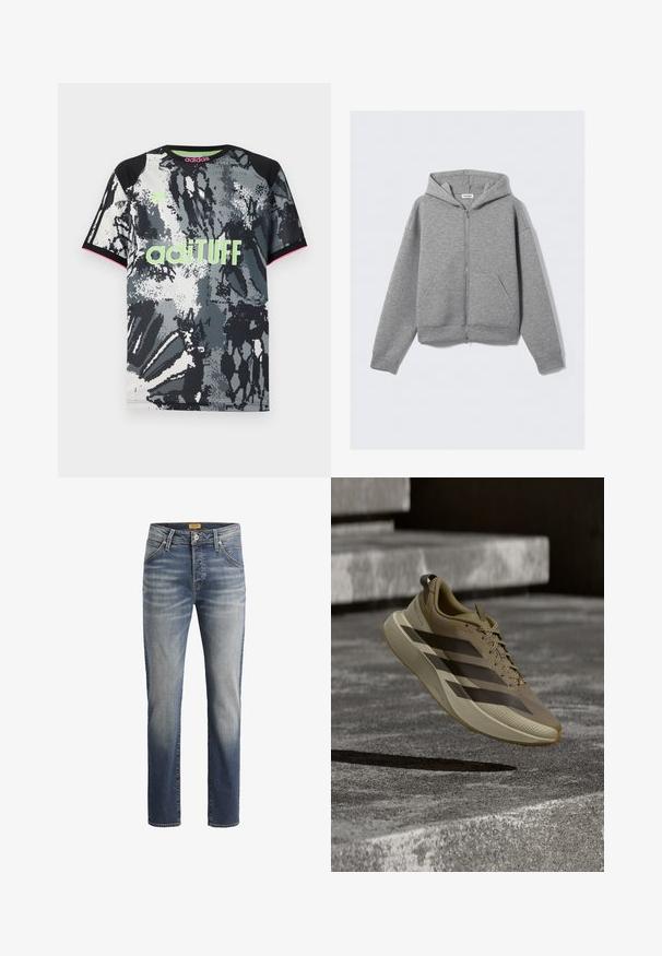 Lysegrå hættetrøje med fuld lynlås, forlommer og hætte, lagt fladt på en ensfarvet lys baggrund.; Kortærmet sports T-shirt med rund hals i sort, hvid og grå abstrakt print; har neongrøn "adiTUFF" logo og lyserøde accenter.; Slim-fit jeans lavet af denimstof, med en mellemblå vask, fem lommer og syede detaljer på sømmene.; Lysebrun løbesko med mørke striber og tyk sål, der svæver over teksturerede stentrin.