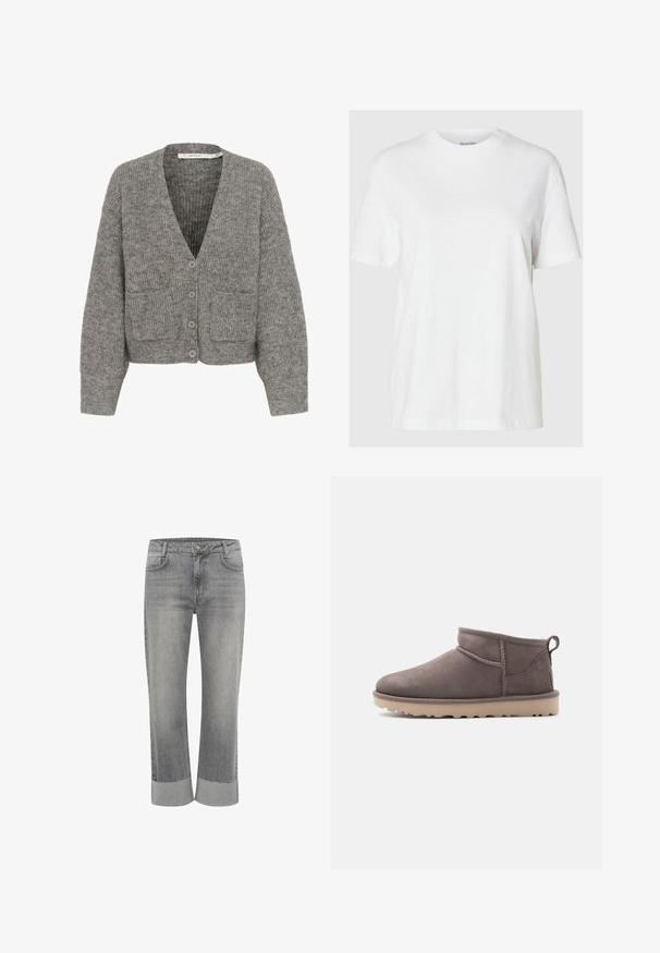 Grå ribbet cardigan lavet af blødt strikmateriale, med en dyb V-udskæring, knaplukning foran og to forlommer. Løs pasform med lange ærmer.; Hvid bomuld t-shirt med korte ærmer og rund halsudskæring. Har en afslappet pasform og et minimalistisk design uden mønstre eller accenter.; Grå denim jeans med lige ben, med foldet kant. Klassisk fem-lommestil og lukning med knap foran.; Lav brun ruskindssko med lav ankelhøjde, slidstærk sål og træksnor på en ensartet baggrund.