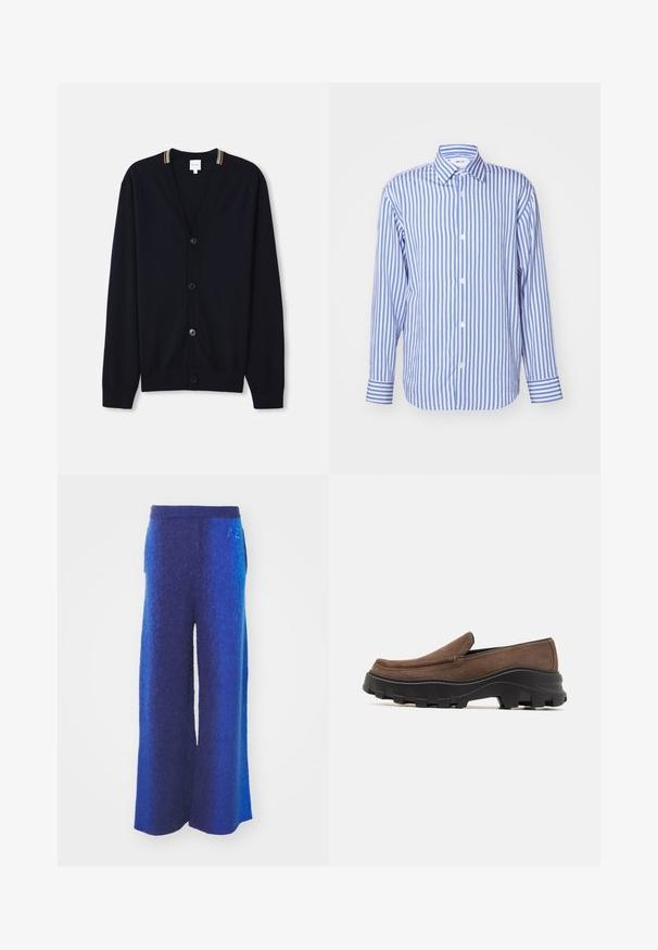 Marineblauwe cardigan met een V-hals, sluiting met vijf knopen, geribde manchetten en een meerkleurige gestreepte rand op de kraag. Zachte gebreide stof.; Blauw en wit gestreept shirt, met kraag, lange mouwen, knoopsluiting aan de voorkant, zachte stof, met knoopmanchetten en gelijkmatig verdeelde verticale strepen.; Wijd-uitlopende broek in een verloop van blauwtinten, met een getextureerde stof, elastische tailleband en zijzakken. Subtiele geborduurde details op de taille.; Bruine suede instapper met een dikke zwarte rubberen zool, voorzien van gedurfde profielpatronen en een gladde, ronde neusdesign.