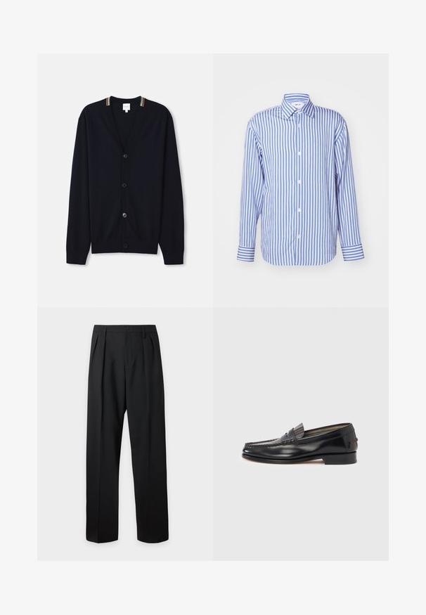 Marineblå cardigan med V-hals, fem knapper, ribbede manchetter og en multicolor stribet kant på kraven. Blødt strikket stof.; Blå og hvid stribet skjorte, med krave, lange ærmer, knaplukning foran, blødt stof, har knapmanchetter og jævnt placerede lodrette striber.; Sorte formelle bukser med plisseringer, bæltestropper og knaplukning ved taljen, vist mod en ensfarvet lys baggrund.; Sorte læderloafers med moccasin-design, der har en dekorativ bånd og syningsdetaljer på overdelen. Lav blokhæl.