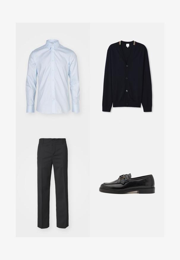 Marineblauer Cardigan mit V-Ausschnitt, fünf Knöpfen, gerippten Bündchen und einem mehrfarbigen gestreiften Rand am Kragen. Weicher Strickstoff.; Himmelblaues Langarmhemd mit klassischem Kragen, durchgehender Knopfleiste und kontrastierenden Knöpfen; aus glattem Stoff mit frischer Oberflächenstruktur gefertigt.; Filippa K TROY TROUSERS - Stoffhose - black; Schwarze Leder-Lederschuhe mit abgerundeter Zehenpartie und dekorativem Schnallenakzent. Flacher, solider Absatz und durchgehend glatte Oberfläche.