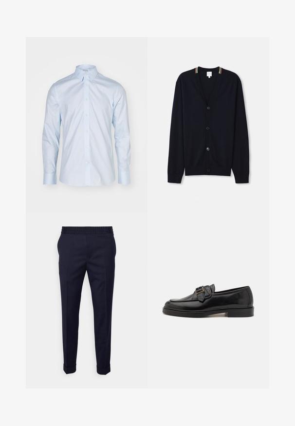 Marineblauer Cardigan mit V-Ausschnitt, fünf Knöpfen, gerippten Bündchen und einem mehrfarbigen gestreiften Rand am Kragen. Weicher Strickstoff.; Himmelblaues Langarmhemd mit klassischem Kragen, durchgehender Knopfleiste und kontrastierenden Knöpfen; aus glattem Stoff mit frischer Oberflächenstruktur gefertigt.; Marineblaue Hose mit glatter Textur, ausgestattet mit einem elastischen Bund und umgeschlagenen Bündchen, im schmal geschnittenen Design mit seitlichen Taschen.; Schwarze Leder-Lederschuhe mit abgerundeter Zehenpartie und dekorativem Schnallenakzent. Flacher, solider Absatz und durchgehend glatte Oberfläche.