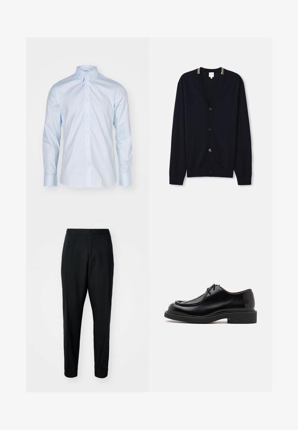 Cárdigan azul marino con escote en V, cierre de cinco botones, puños de punto acanalado y un borde de collar con rayas multicolores. Tejido de punto suave.; Camisa de manga larga azul clara con un cuello clásico, delantero abotonado y botones en contraste; hecha de una tela suave con un acabado nítido.; Pantalones negros ajustados con una textura suave, cintura elástica y puños. Presentan pliegues en la parte delantera para un look elegante.; Zapato de cuero negro con punta redondeada, detalles de costura, cordones mínimos y suela de goma gruesa para tracción y durabilidad.