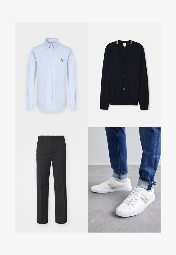 Marineblauwe cardigan met een V-hals, sluiting met vijf knopen, geribde manchetten en een meerkleurige gestreepte rand op de kraag. Zachte gebreide stof.; Lichtblauw overhem shirt met lange mouwen, een kraag en knopen aan de voorkant, en een klein geborduurd zebra detail op de borst.; Filippa K TROY TROUSERS - Broek - black; Witte leren sneakers met meerkleurige strepen, vetersluiting, rubberen zool en gevoerd kraagje, gecombineerd met blauwe spijkerbroek.