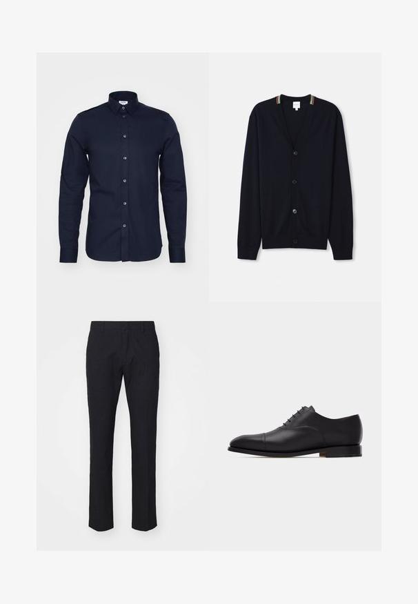 Marineblauer Cardigan mit V-Ausschnitt, fünf Knöpfen, gerippten Bündchen und einem mehrfarbigen gestreiften Rand am Kragen. Weicher Strickstoff.; Dunkelblaues Langarmhemd aus Baumwolle mit Button-Down-Kragen und Knöpfen an der Vorderseite. Verfügt über eine glatte Textur und eine strukturierte Passform.; Marineblaues Hosen im maßgeschneiderten Schnitt, hergestellt aus glattem Stoff. Mit flachem Frontschnitt, Gürtelschlaufen und geraden Beinen mit einem sauberen Saum.; Schwarzer Oxford-Herrenschuh aus Leder mit geschlossener Schnürung, Kappenspitze, niedrigem Absatz und glatter, polierter Oberfläche, seitlich auf weißem Hintergrund gesehen.