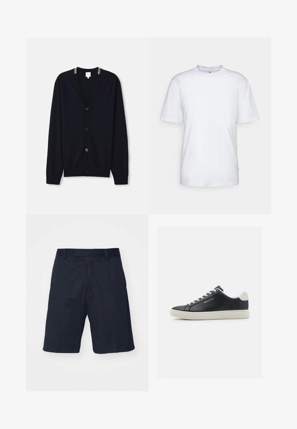 Marineblå cardigan med V-hals, fem knapper, ribbede manchetter og en multicolor stribet kant på kraven. Blødt strikket stof.; Hvid bomulds t-shirt med rund hals, korte ærmer og lige kant. Har et lille mærke på den venstre sidesøm.; Sorte shorts lavet af et glat stof, med flad front, bæltestropper og knælangt design uden synlige mønstre eller hardware.; Sorte læder sneakers med hvide snørebånd og gummisål. Har en blå, rød og grøn stribet detalje ved hælen. Indeholdt syede detaljer.
