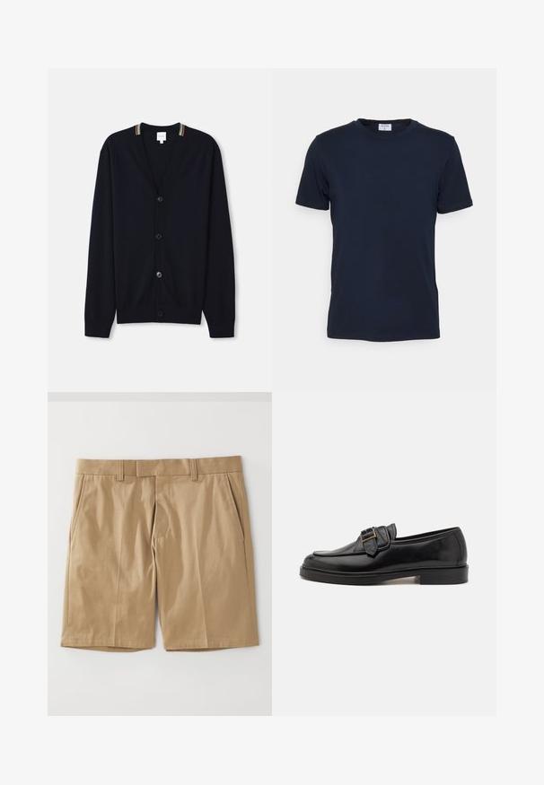 Marineblauer Cardigan mit V-Ausschnitt, fünf Knöpfen, gerippten Bündchen und einem mehrfarbigen gestreiften Rand am Kragen. Weicher Strickstoff.; Navyblaues T-Shirt mit Rundhalsausschnitt aus weicher Baumwolle. Kurze Ärmel mit klassischer Passform, mit einem Etikett am Hals. Glatte Textur, minimalistisches Design.; Khaki Shorts mit glatter, gewebter Textur, ausgestattet mit zwei Seitentaschen und geradem Schnitt, gestaltet mit einem flachen Bund und Gürtelschlaufen.; Schwarze Leder-Lederschuhe mit abgerundeter Zehenpartie und dekorativem Schnallenakzent. Flacher, solider Absatz und durchgehend glatte Oberfläche.