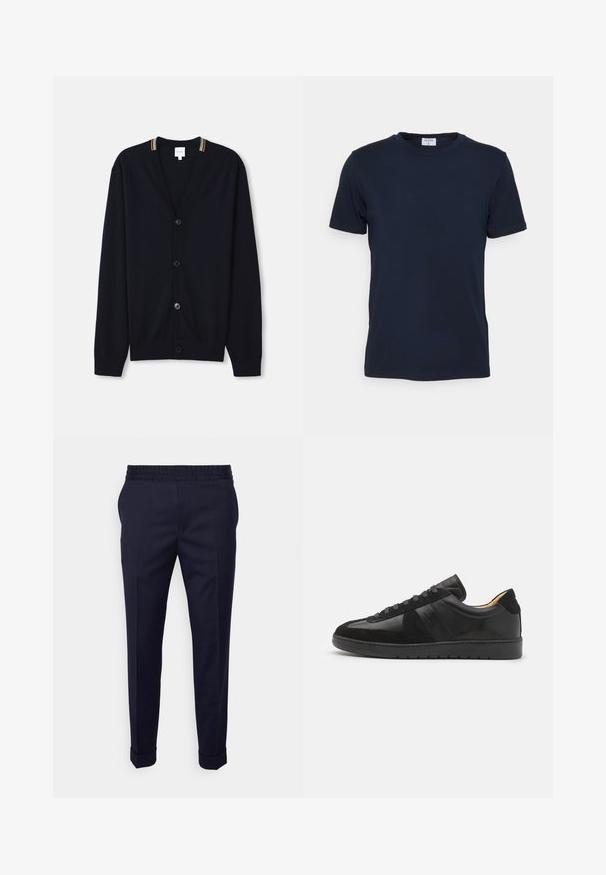 Cardigan bleu marine avec un col en V, fermeture à cinq boutons, poignets côtelés et un bord rayé multicolore sur le col. Tissu tricoté doux.; T-shirt bleu marine à col ras du cou fabriqué en tissu doux. Manches courtes avec une coupe classique, avec une étiquette au niveau du col. Texture lisse, design minimal.; Pantalons bleu marine avec une texture lisse, dotés d'une taille élastique et de poignets retroussés, conçus dans une coupe fuselée avec des poches latérales.; Tiger of Sweden BELLICU - Baskets basses - black