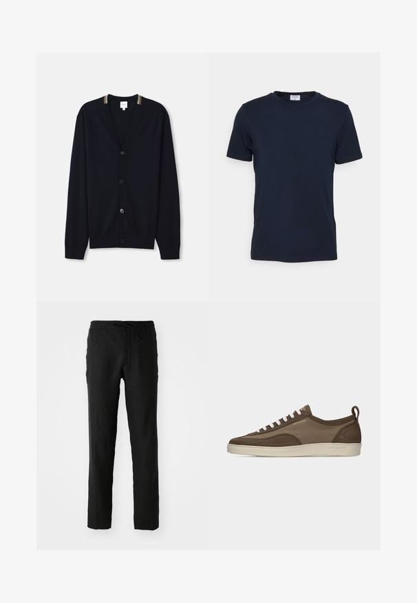 Marineblauwe cardigan met een V-hals, sluiting met vijf knopen, geribde manchetten en een meerkleurige gestreepte rand op de kraag. Zachte gebreide stof.; Marineblauwe crewneck t-shirt gemaakt van zachte stof. Korte mouwen met een klassieke pasvorm, met een label aan de hals. Soepele textuur, minimale uitstraling.; Zwarte linnen broek met een elastische tailleband en trekkoord. Rechtaflopende pasvorm en een soepele textuur. Geschikt voor casual kleding.; Lage bruine sneaker met witte veters, beige zool, bovenwerk van stof en suède, zijlus en "Tiger of Sweden" logo in gouden tekst.