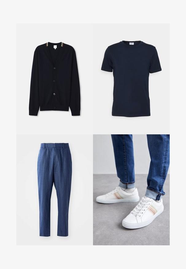 Cárdigan azul marino con escote en V, cierre de cinco botones, puños de punto acanalado y un borde de collar con rayas multicolores. Tejido de punto suave.; Camiseta de cuello redondo en azul marino, fabricada con tejido suave. Tiene mangas cortas y un corte clásico, con una etiqueta en el cuello. Textura lisa y diseño minimalista.; Pantalones de lino azul marino con un corte relajado, cinturilla elástica y piernas ajustadas. Presentan una textura suave y detalles de costura mínimos.; Zapatillas de cuero blancas con rayas multicolores, diseño de cordones, suela de goma y cuello acolchado, combinadas con jeans de mezclilla azul.