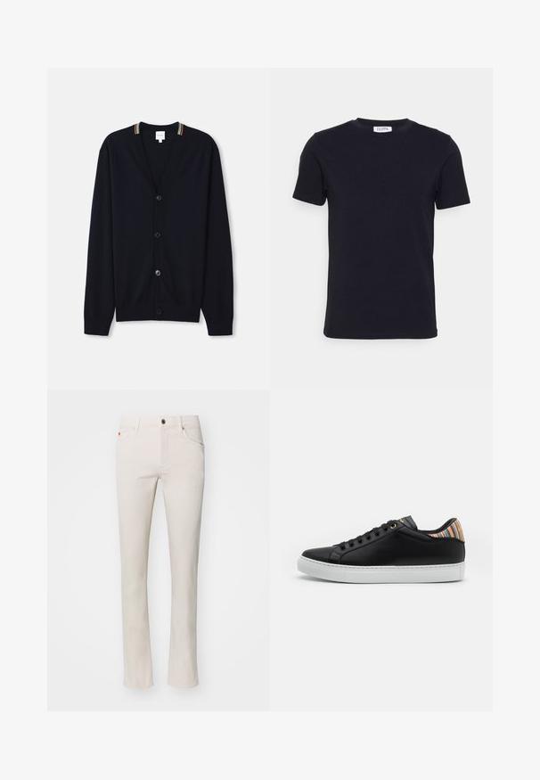 Marineblå cardigan med V-hals, fem knapper, ribbede manchetter og en multicolor stribet kant på kraven. Blødt strikket stof.; Sort kortærmet t-shirt med rund hals og et lille hvidt mærke indeni halsudskæringen.; Beige lige ben jeans lavet af en blanding af bomuldsstof. Har traditionelt fem-lomme design og metal knaplukning ved taljen.; Sorte lædersneakers med en hvid gummisål, der har en stribet multicolor accent på hælen og sort snøre foran med gyldne øjer.