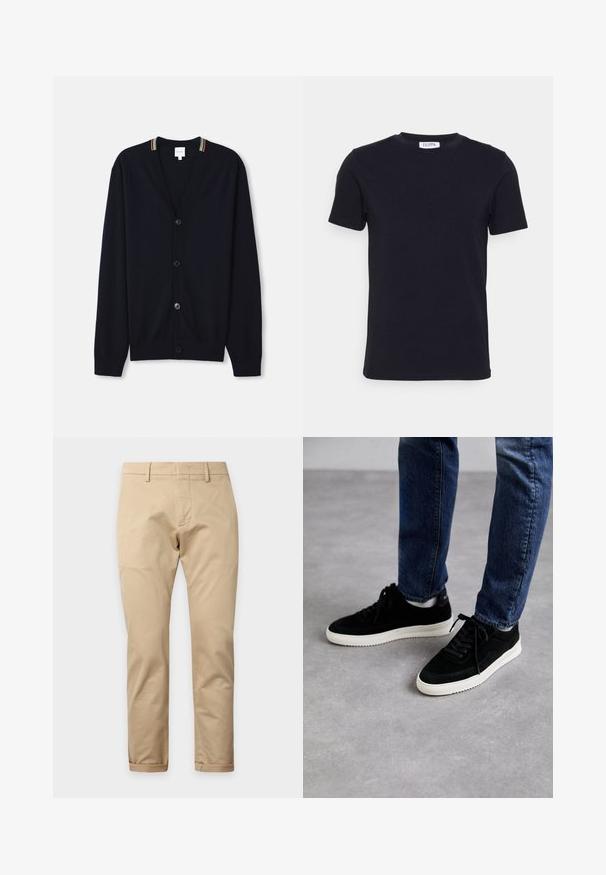 Cardigan bleu marine avec un col en V, fermeture à cinq boutons, poignets côtelés et un bord rayé multicolore sur le col. Tissu tricoté doux.; T-shirt noir à manches courtes avec un col ras-du-cou, muni d'une petite étiquette blanche à l'intérieur du col.; Pantalon beige à jambes droites avec passants pour ceinture, fermeture éclair devant et ourlets retroussés sur un fond uni clair.; Des baskets en suède noir avec une semelle en caoutchouc blanc, présentant un design classique à talon bas, un bout rond et des lacets plats noirs.