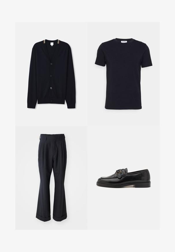 Cardigan bleu marine avec un col en V, fermeture à cinq boutons, poignets côtelés et un bord rayé multicolore sur le col. Tissu tricoté doux.; T-shirt noir à manches courtes avec un col ras-du-cou, muni d'une petite étiquette blanche à l'intérieur du col.; Pantalons noirs ajustés avec une coupe décontractée, devant plissé et jambes larges. Caractéristiques d'un ourlet à retournement et d'une texture de tissu lisse.; Mocassins en cuir noir avec un bout arrondi et une boucle décorative. Talon plat, solide et texture lisse sur l'ensemble.